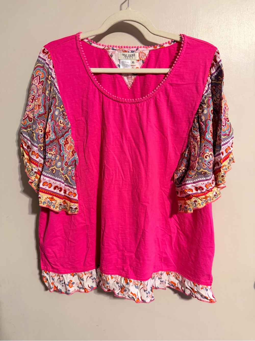 Tru Luxe Pink Boho Blouse XL Paisley Sleeve Resort Vacation Top - Picture 2 of 7